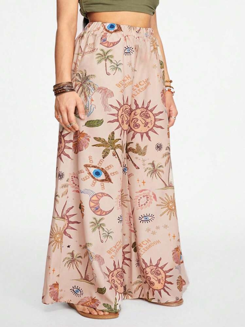 Hippie Sun Moon Star Vacation Bohemian Wide Leg Pants NWT